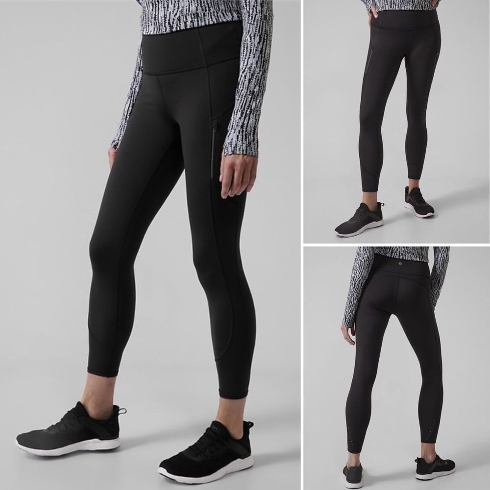 NWT Athleta Rainier 7/8 Tight MEDIUM Black Reflective Zip Pockets High Rise